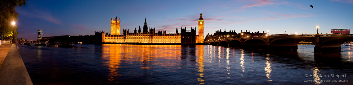 View of the Houses of Parliament and Westminster Bridge in the evening